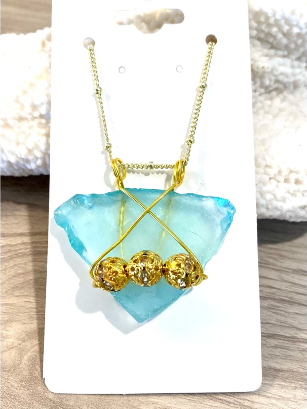 117. Gold and Aqua Glass Pendant Necklace - Women Jewelry